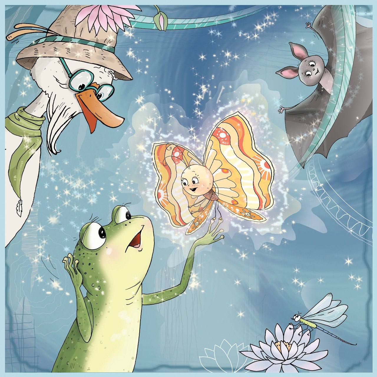 Arevik the butterfly with the wise Goose, the Bat, and the Frog